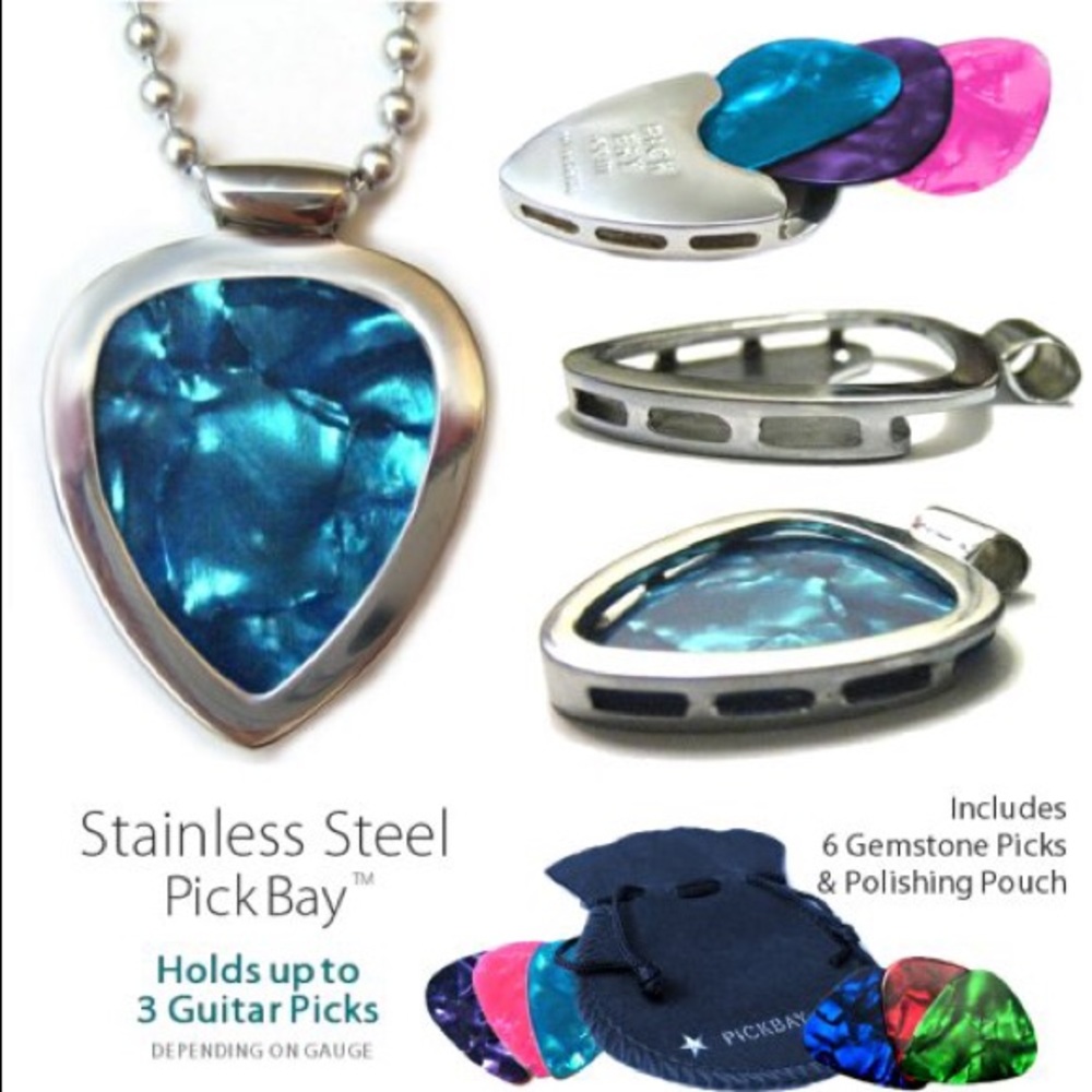 Pickbay Guitar Pick Holder Pendant Necklace Set + Gemtones-colors picks Set NEW